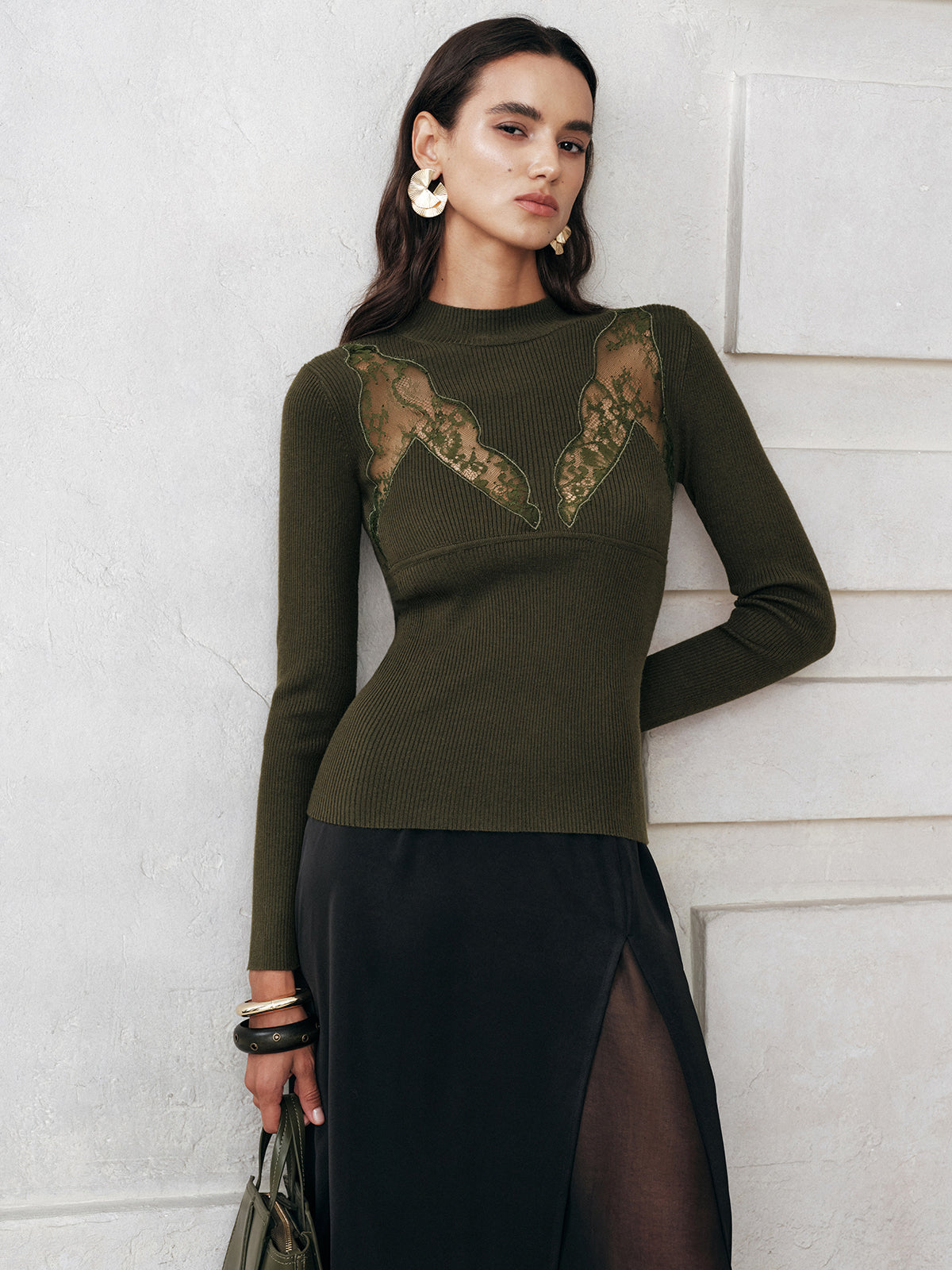 Sheer Lace Panel Mock Neck Sweater Elegant Long Sleeve Design