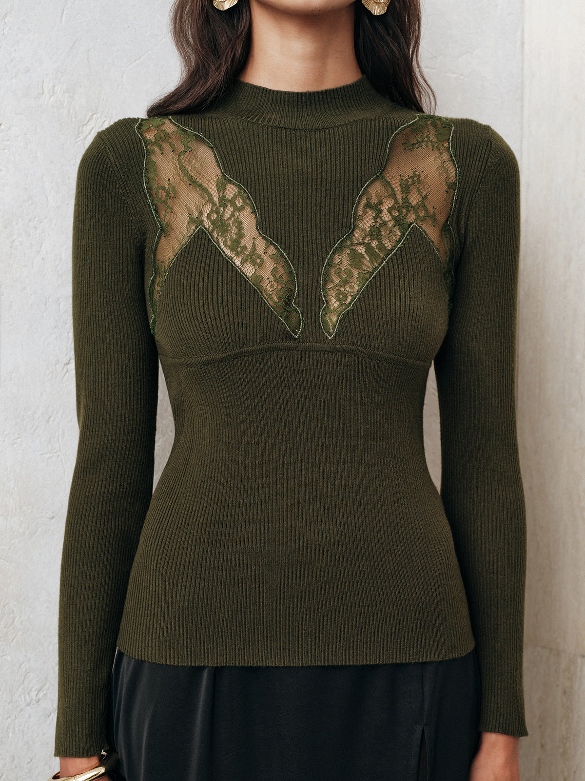 Sheer Lace Panel Mock Neck Sweater Elegant Long Sleeve Design