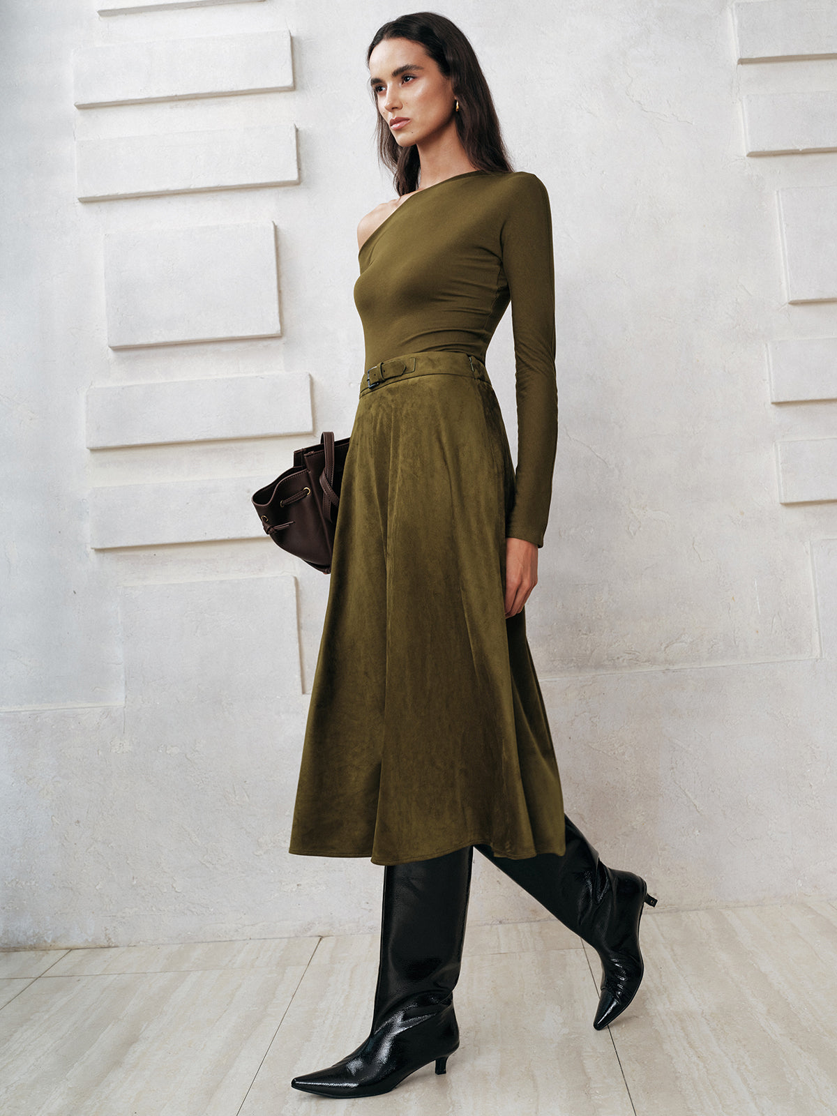 Soft Suede Effect A-Line Midi Skirt with Pockets and High Waist