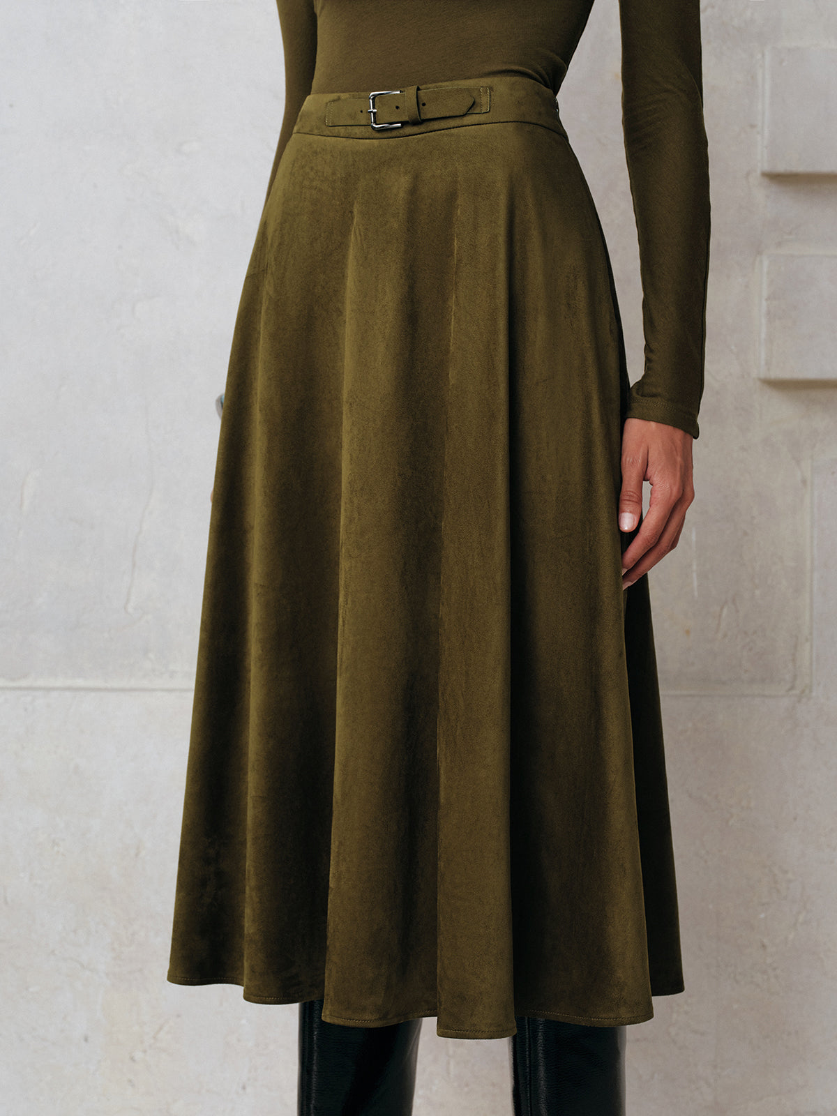 Soft Suede Effect A-Line Midi Skirt with Pockets and High Waist