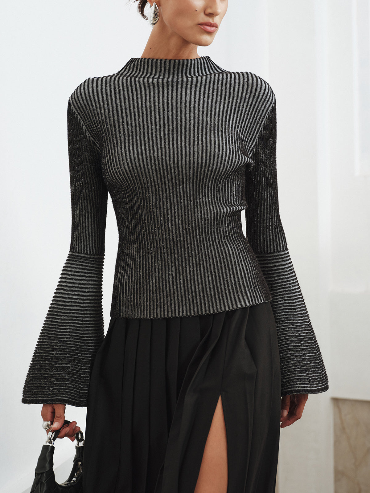 Flared Sleeve Striped Mock Neck Sweater Comfortable Breathable Casual Style