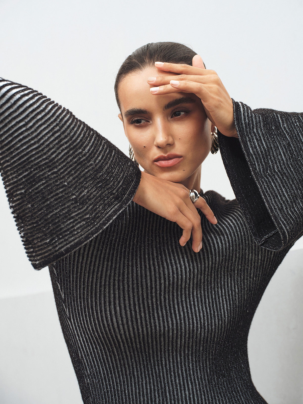 Flared Sleeve Striped Mock Neck Sweater Comfortable Breathable Casual Style