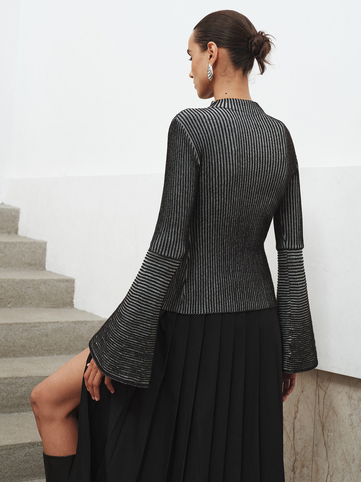 Flared Sleeve Striped Mock Neck Sweater Comfortable Breathable Casual Style