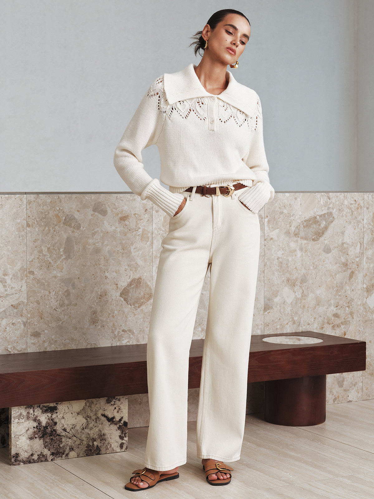 Eyelet Collared Knit Sweater for Women Comfortable Lightweight