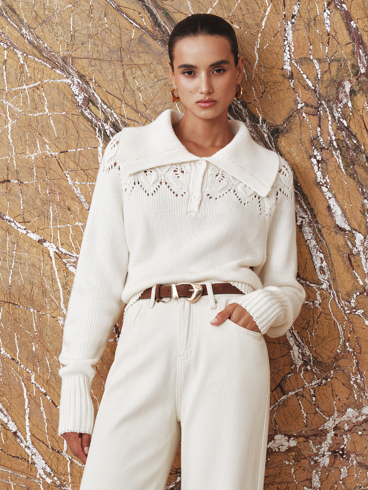 Eyelet Collared Knit Sweater for Women Comfortable Lightweight