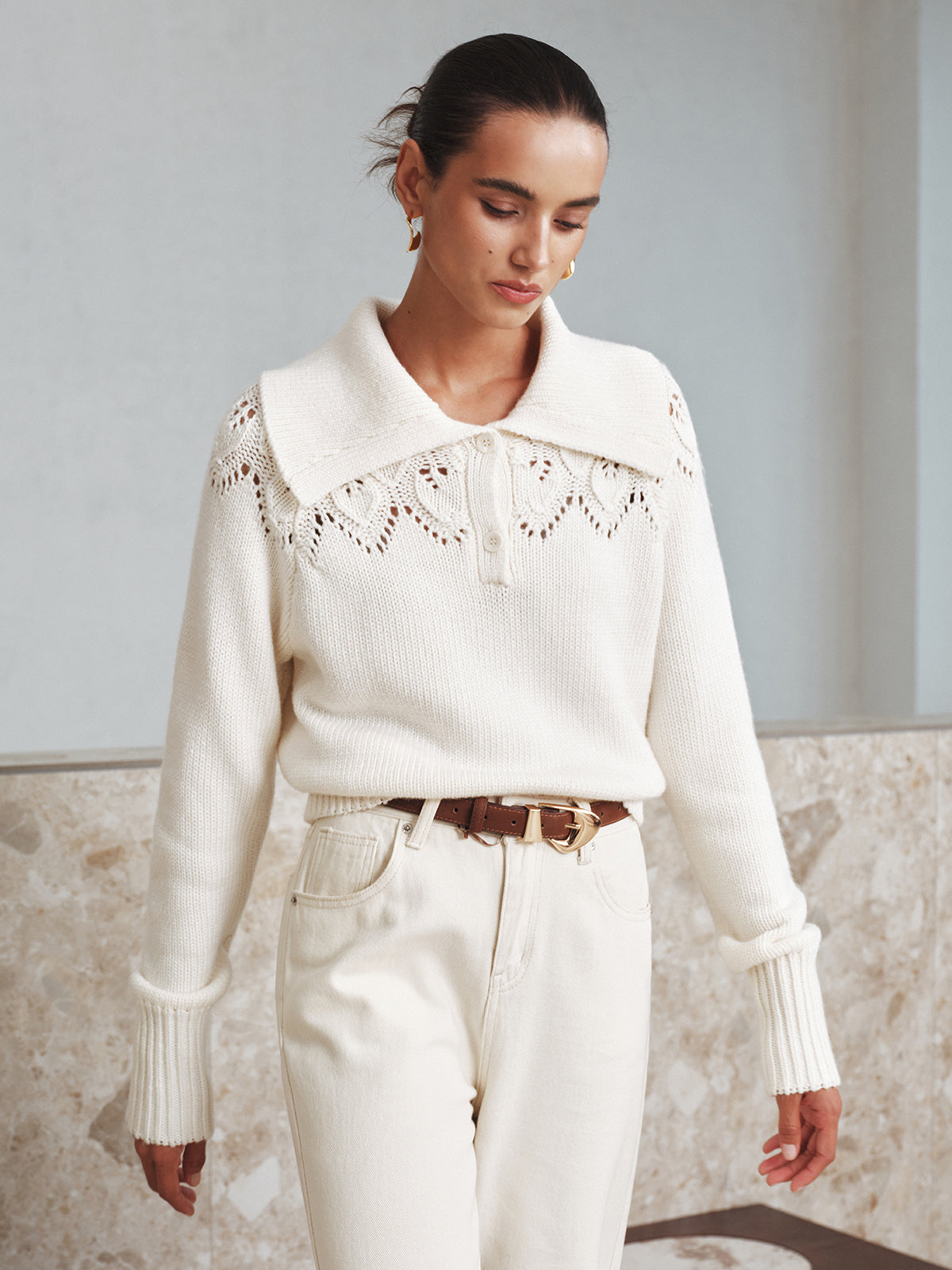 Eyelet Collared Knit Sweater for Women Comfortable Lightweight
