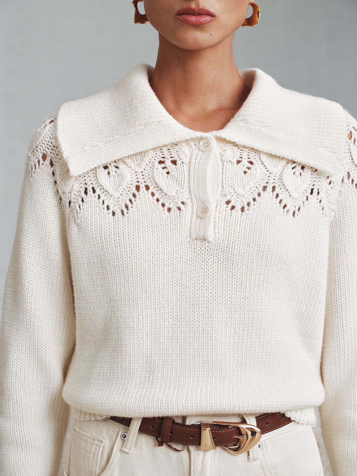 Eyelet Collared Knit Sweater for Women Comfortable Lightweight