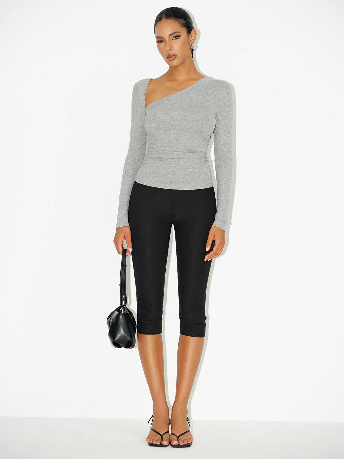 Asymmetric Neckline Ruched Long Sleeve Blouse Women's Elegant Top