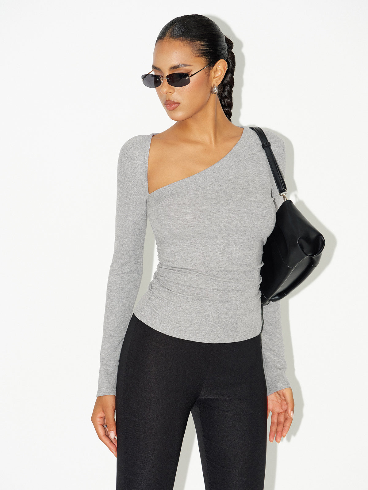 Asymmetric Neckline Ruched Long Sleeve Blouse Women's Elegant Top