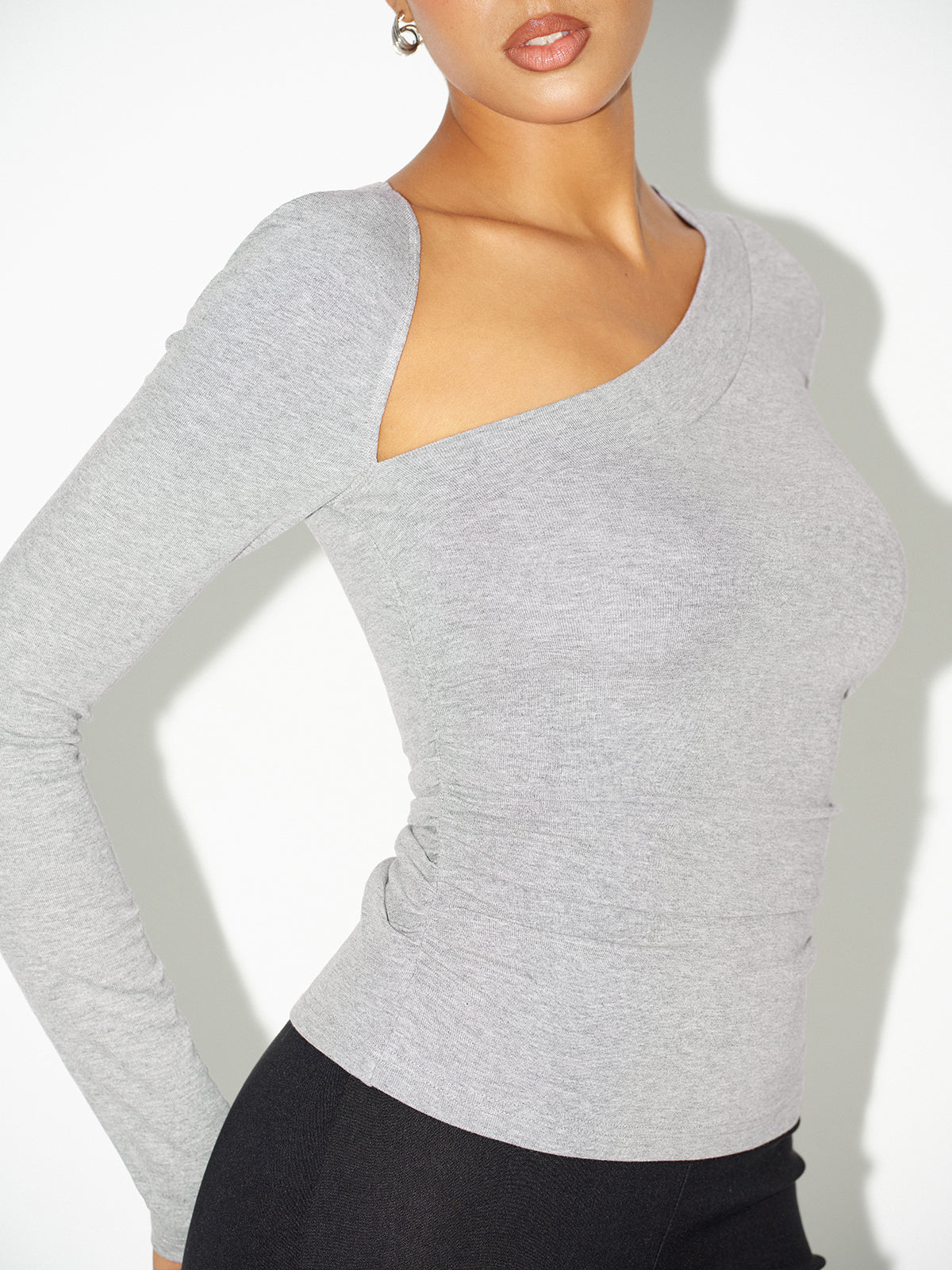 Asymmetric Neckline Ruched Long Sleeve Blouse Women's Elegant Top
