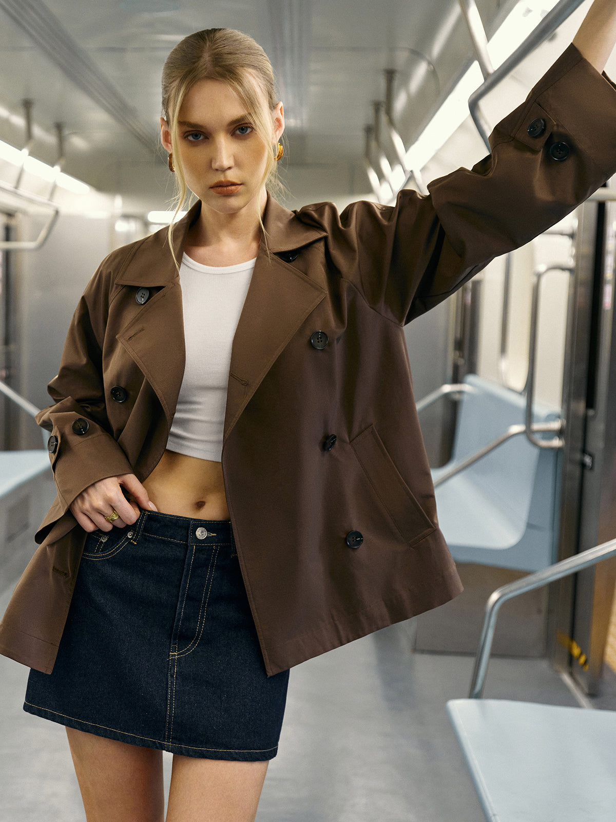Double-Breasted Trench Coat with Belted Waist Detail