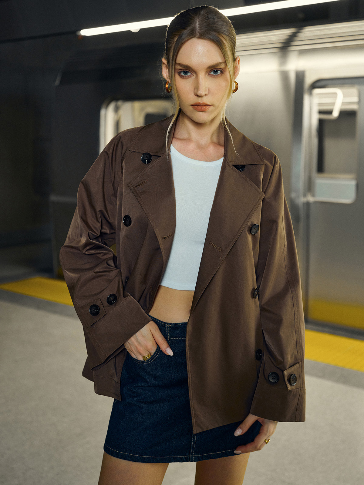 Double-Breasted Trench Coat with Belted Waist Detail