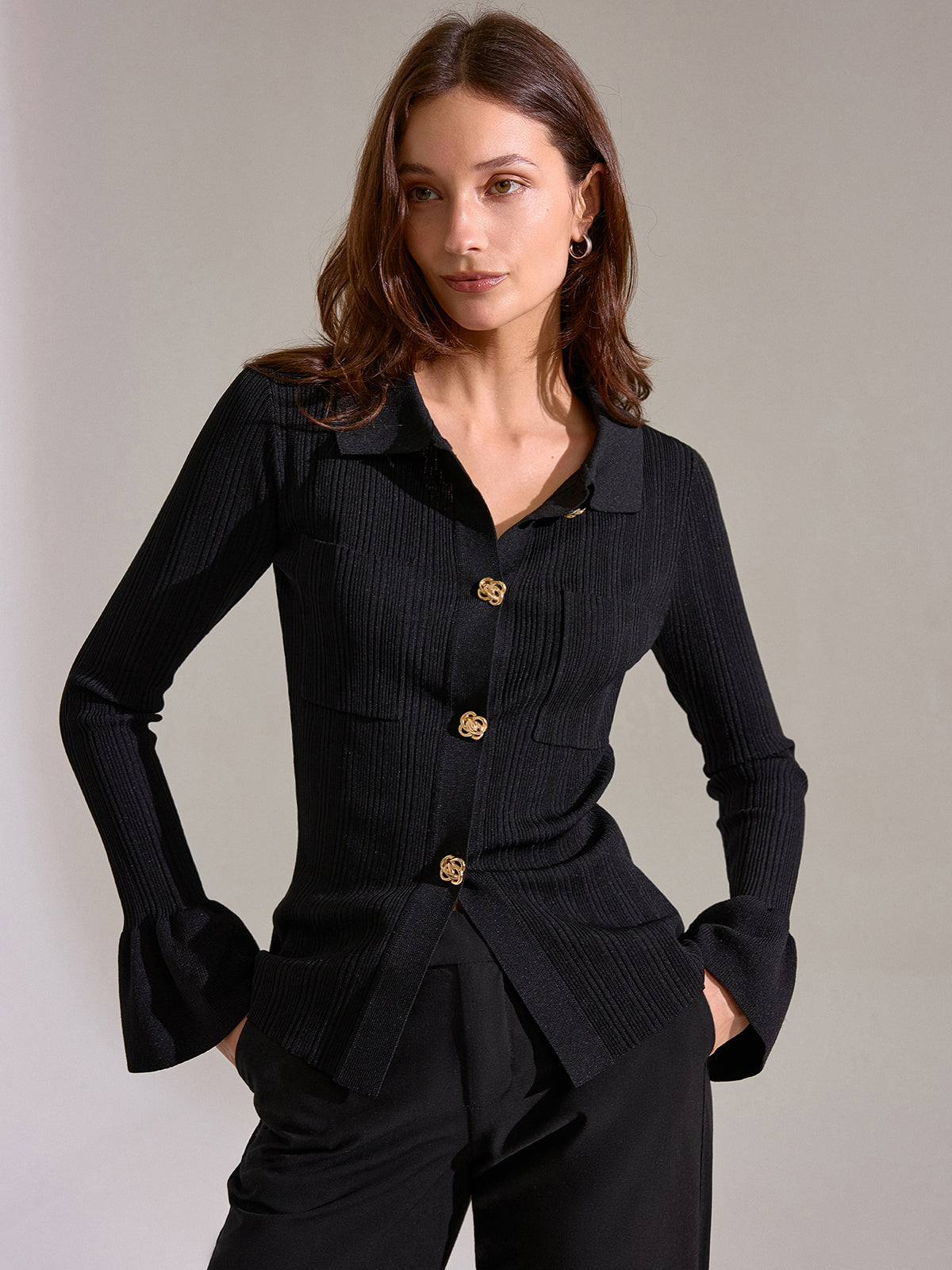 Bell Sleeve Ribbed Knit Polo Top Classic Casual Comfortable Fit