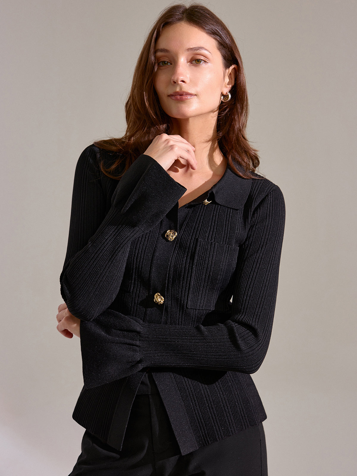Bell Sleeve Ribbed Knit Polo Top Classic Casual Comfortable Fit