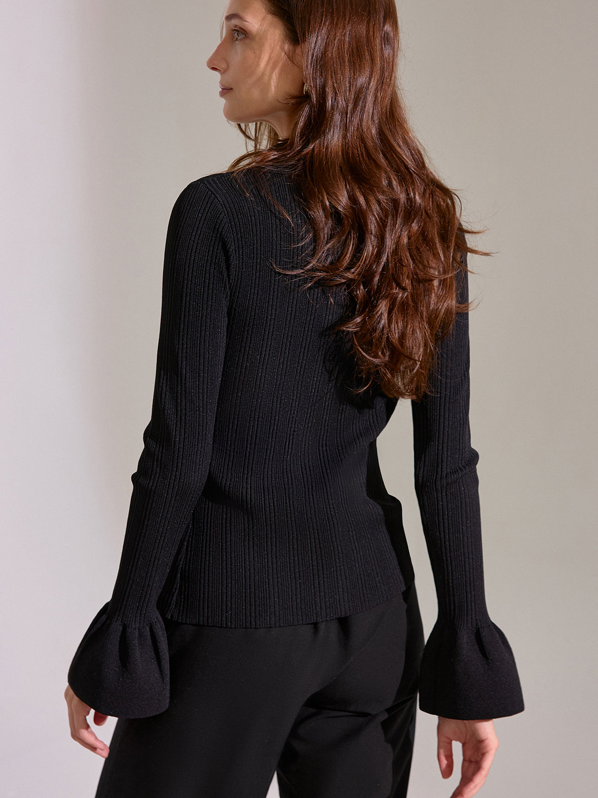 Bell Sleeve Ribbed Knit Polo Top Classic Casual Comfortable Fit