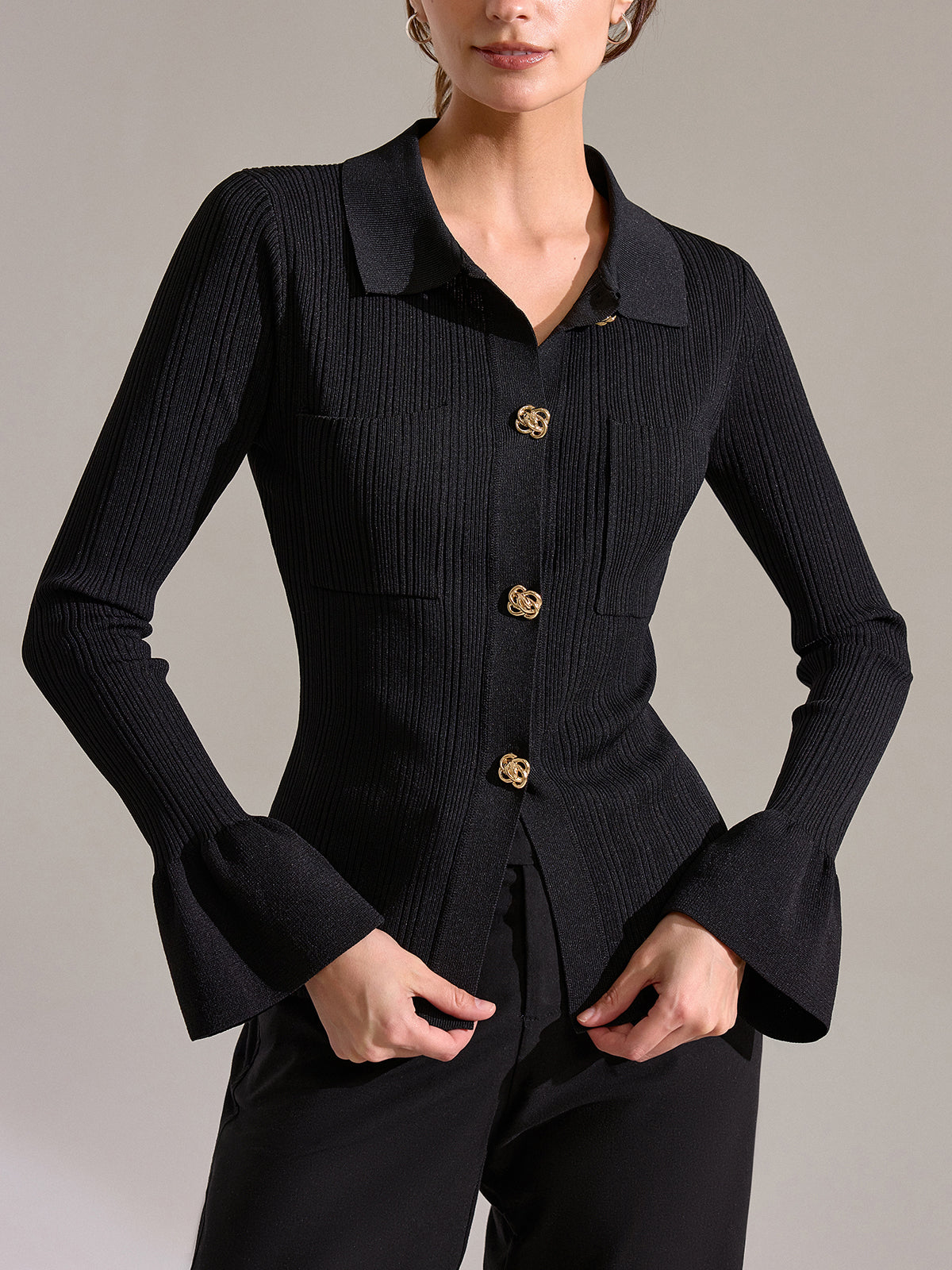 Bell Sleeve Ribbed Knit Polo Top Classic Casual Comfortable Fit