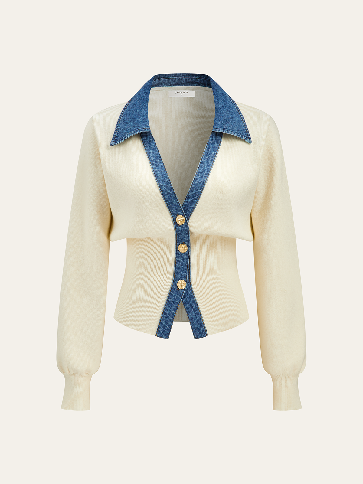 Denim Collar Metal Button V-Neck Knit Top for Women Lightweight