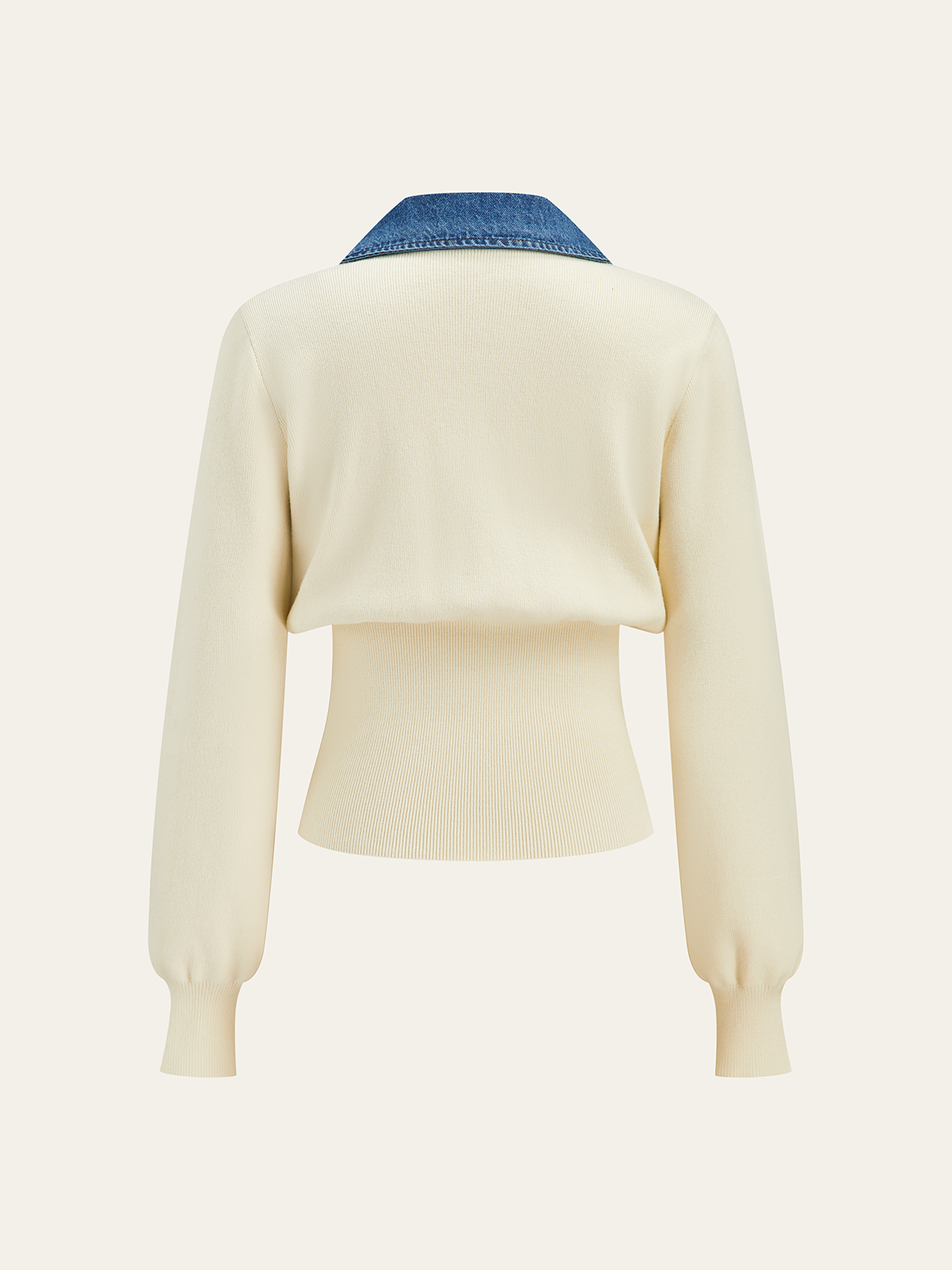 Denim Collar Metal Button V-Neck Knit Top for Women Lightweight
