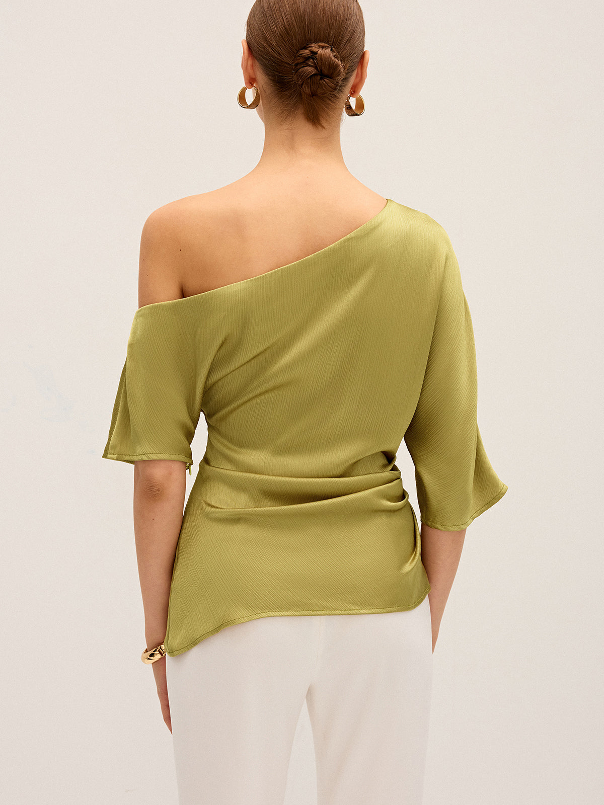 Satin One-Shoulder Ruched Top with Elegant Draping Detail
