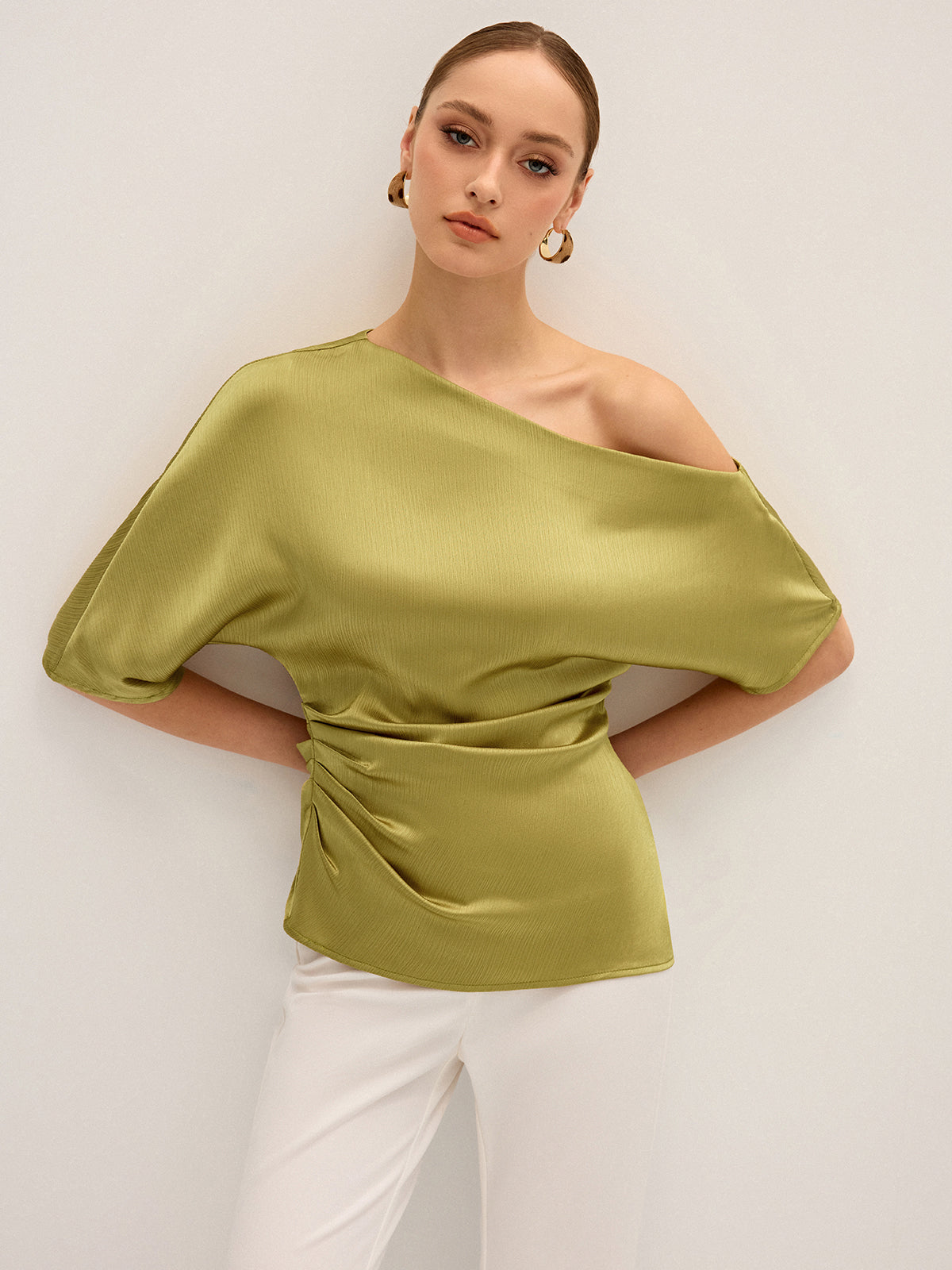 Satin One-Shoulder Ruched Top with Elegant Draping Detail