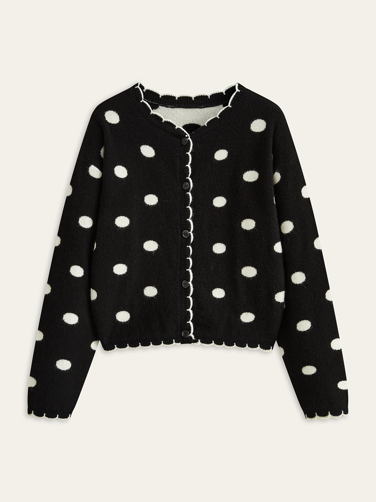 Scalloped Trim Polka Dot Knit Cardigan, Lightweight Casual Spring Wear