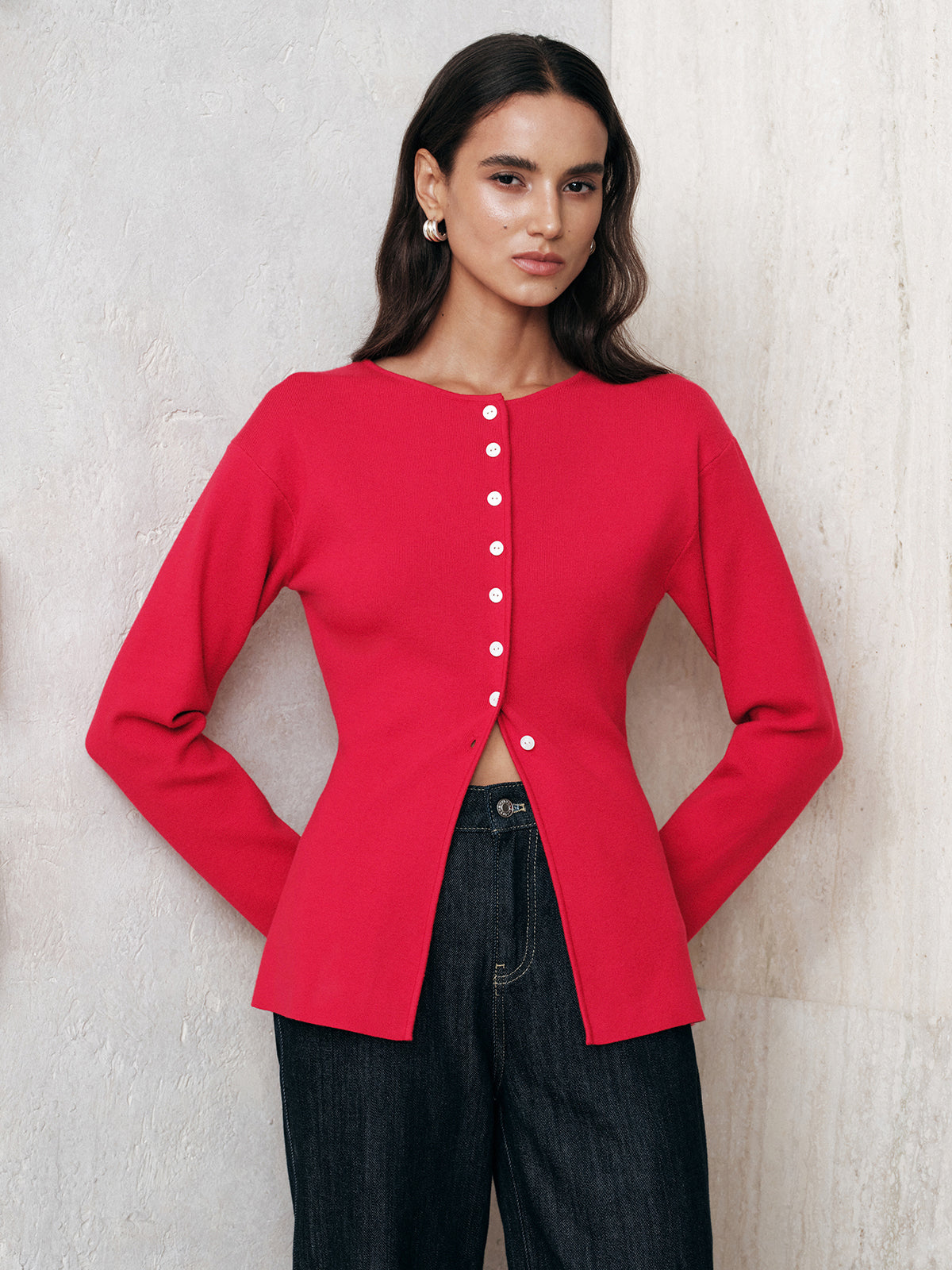 Button-Front Long Sleeve Knit Top for Women Casual Fit