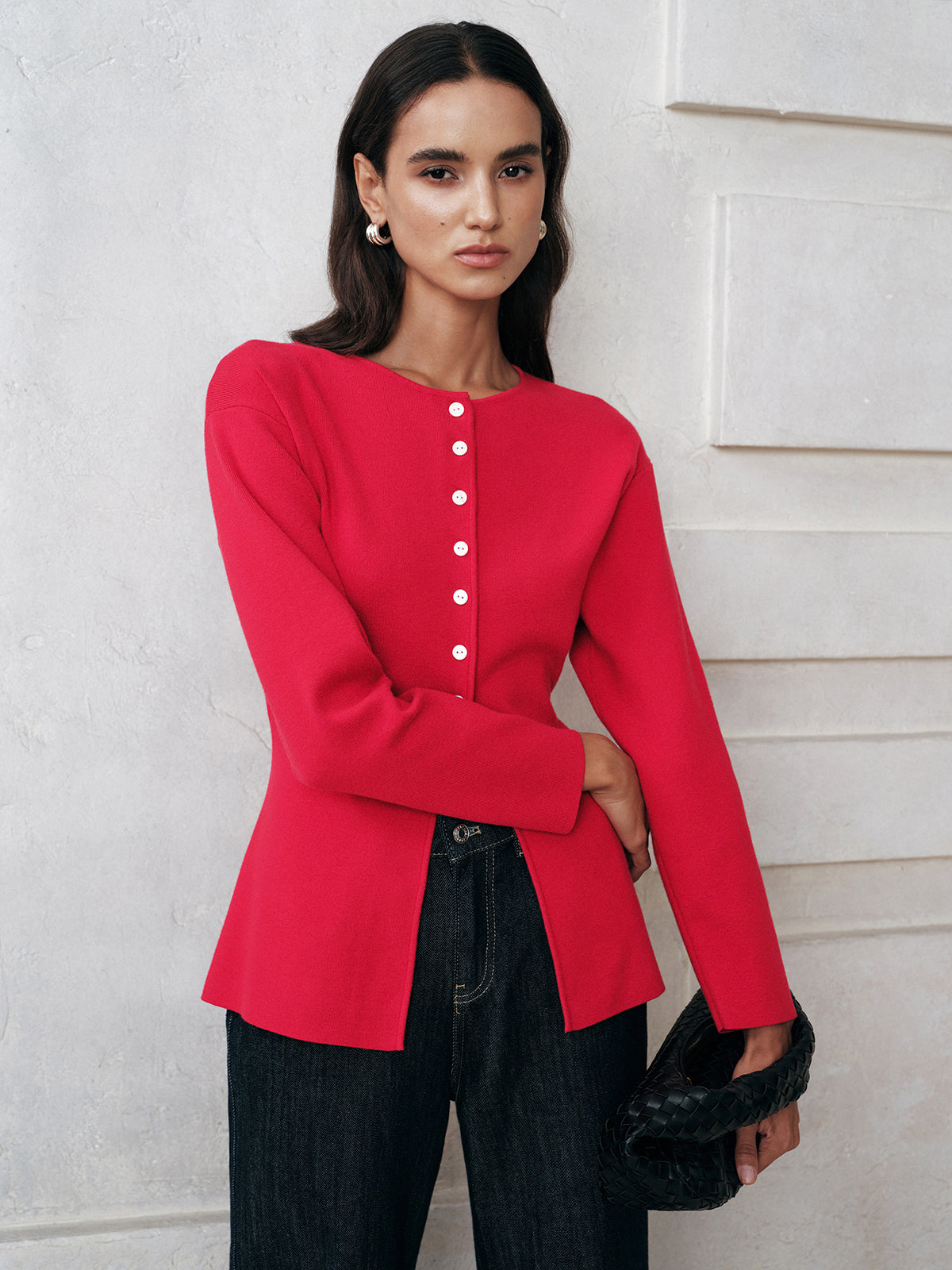 Button-Front Long Sleeve Knit Top for Women Casual Fit
