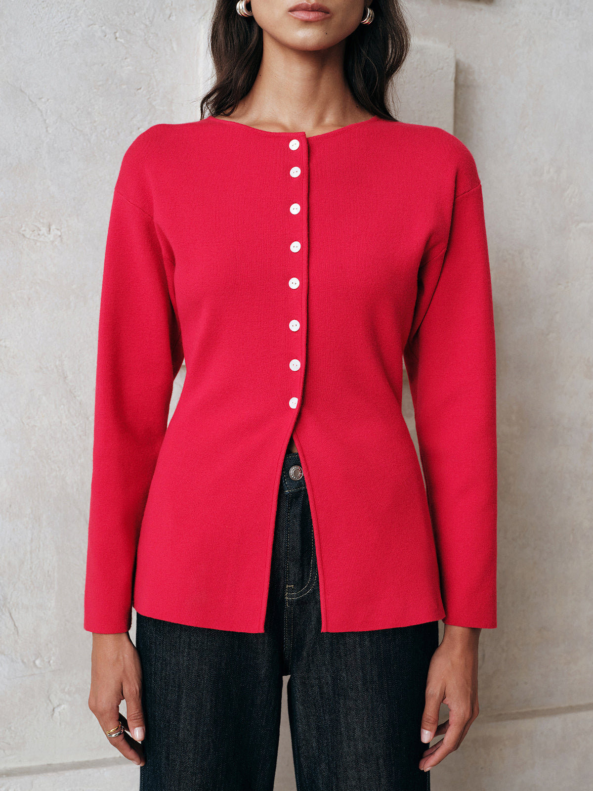 Button-Front Long Sleeve Knit Top for Women Casual Fit