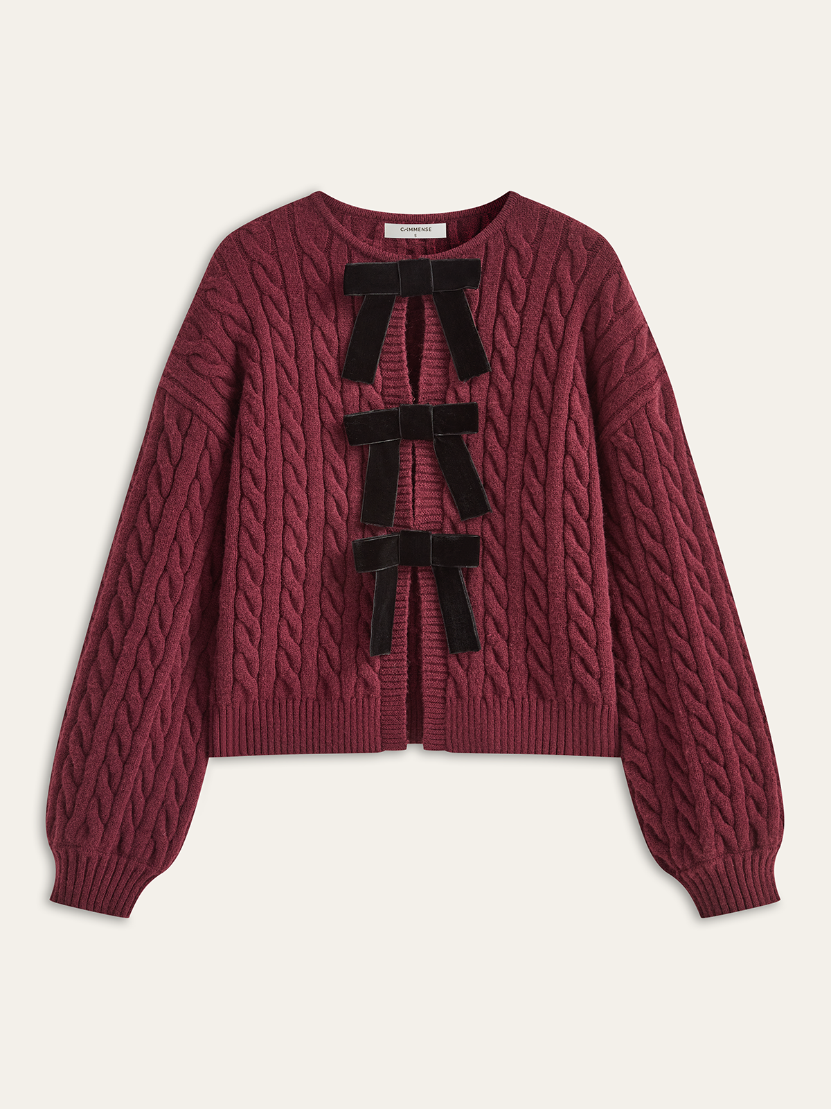 Velvet Bow Cable Knit Cardigan with Button Front Closure