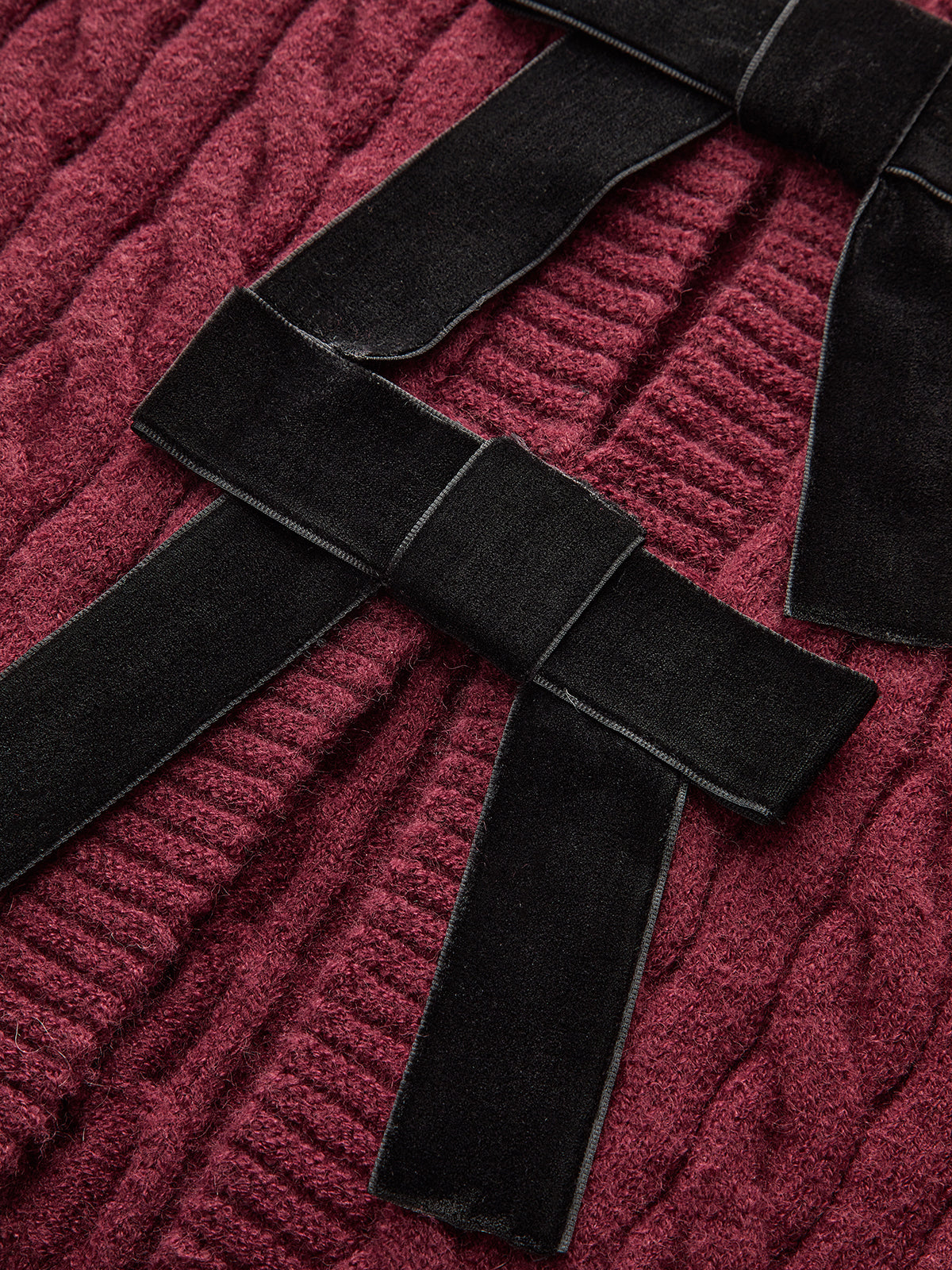 Velvet Bow Cable Knit Cardigan with Button Front Closure