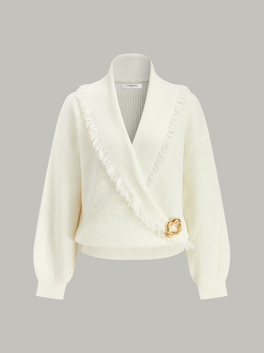 Wrap Fringe Wool Blend Sweater with Cozy Chunky Knit Design
