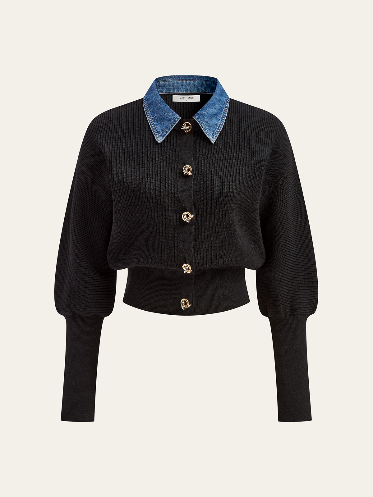 Wool Blend Denim Collar Puff Sleeve Cardigan Cozy Winter Fashion Sweater