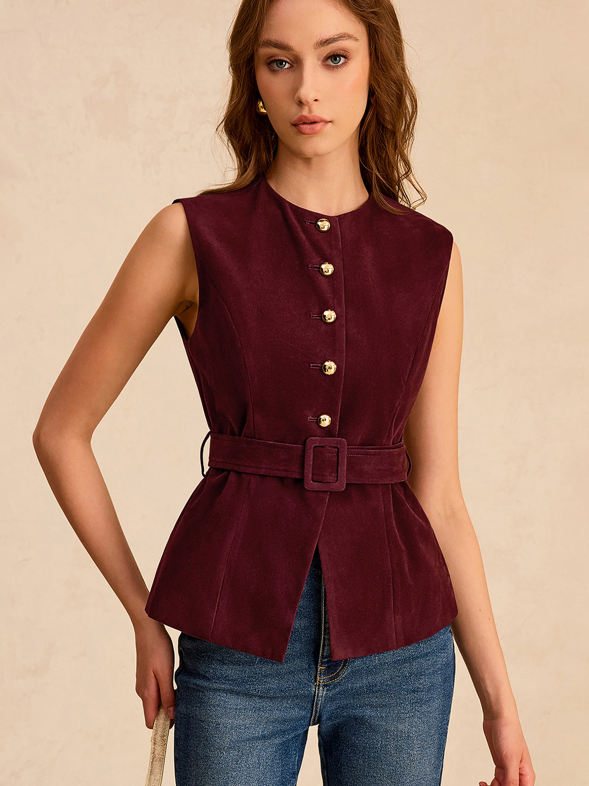 Suede Effect Vest with Belt Fashionable LightWeight Outerwear