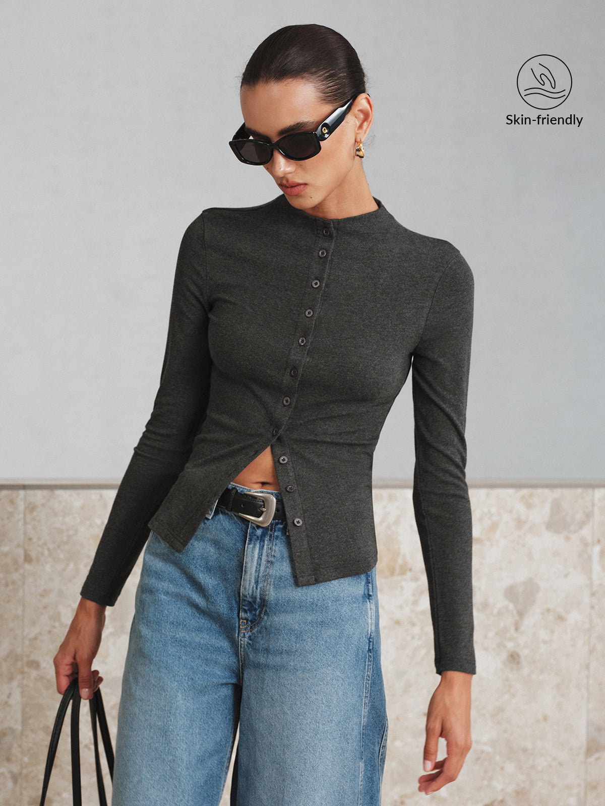 Mock Neck Button Long Sleeve T-Shirt Casual Comfort Fit Pullover