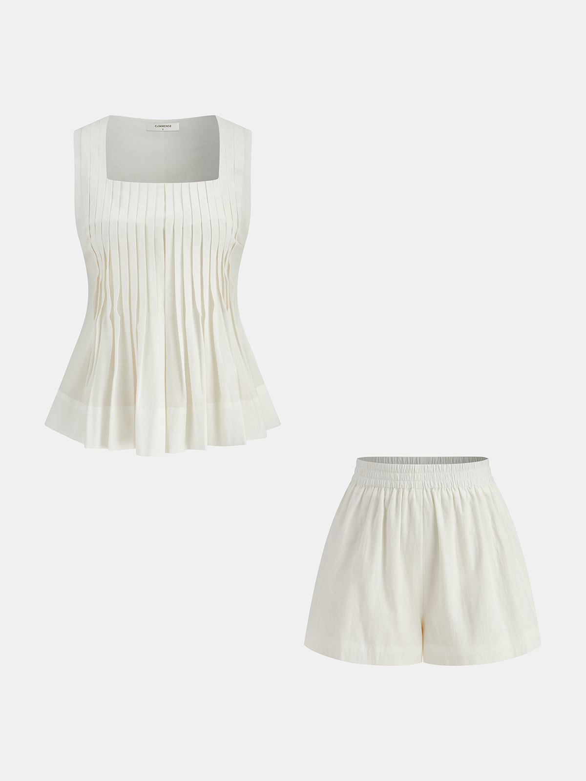 Square Neck Pleated Shorts Set with Belt for Women