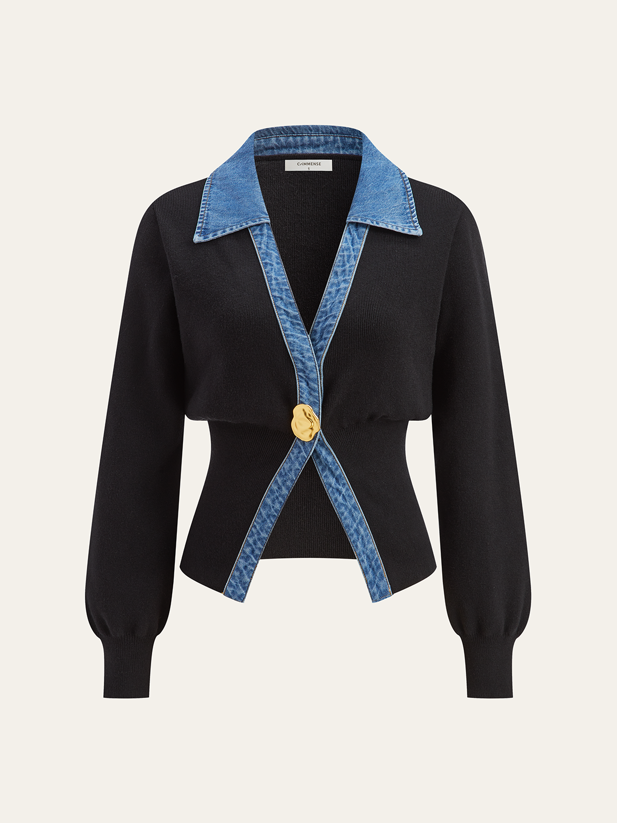 Denim Trim Metal Button Cardigan with Front Pockets for Women