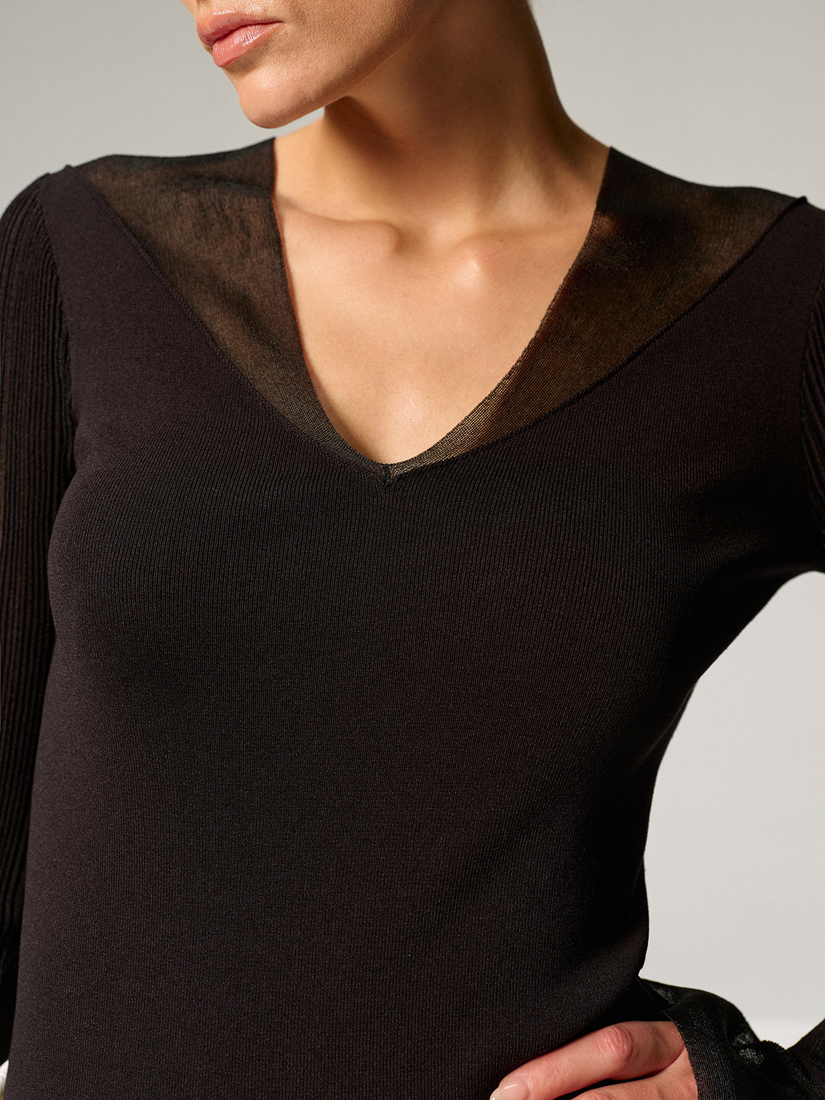 Sheer Paneled Bell Sleeve Knit Top - Trendy Women's Casual Apparel