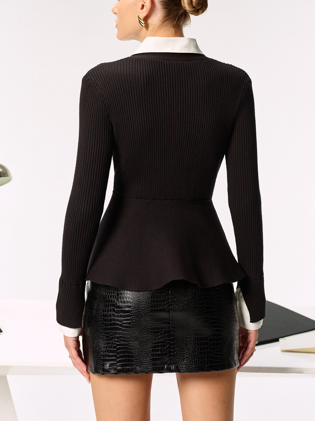 2 in 1 Shirt Panel Ribbed Peplum Cardigan for Women, Stylish Layered Look