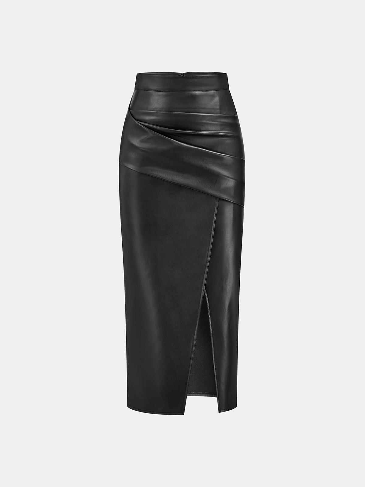 Ruched Slit PU Leather Midi Skirt High Waist Fashionable Style