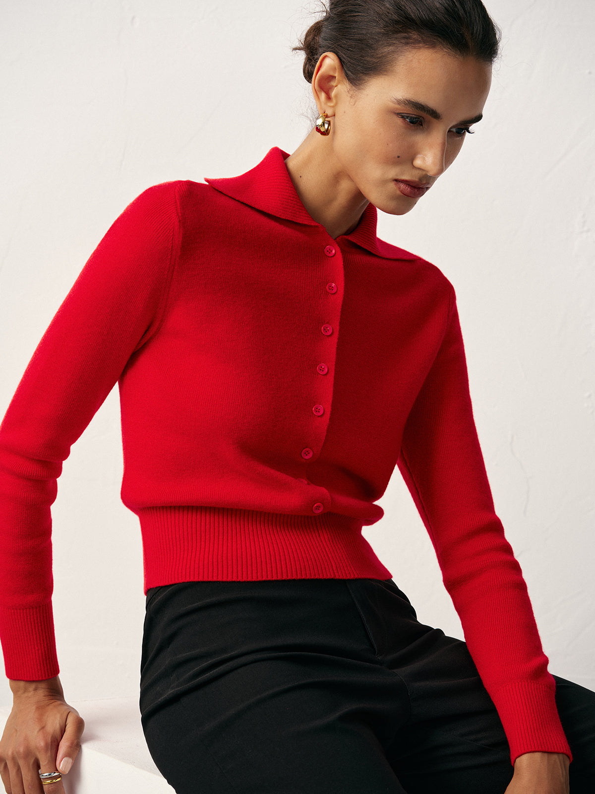 Knit Button Front Collared Top Casual Long Sleeve Sweater
