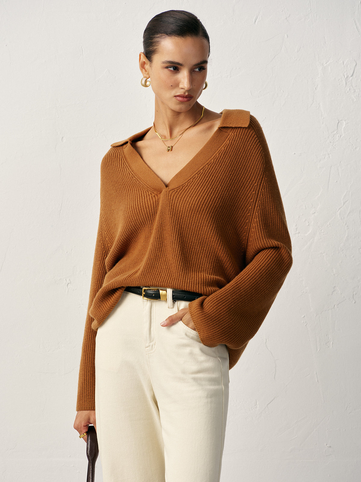 Wool Blend Polo Collar V-Neck Sweater Comfortable Lightweight Unisex Fit