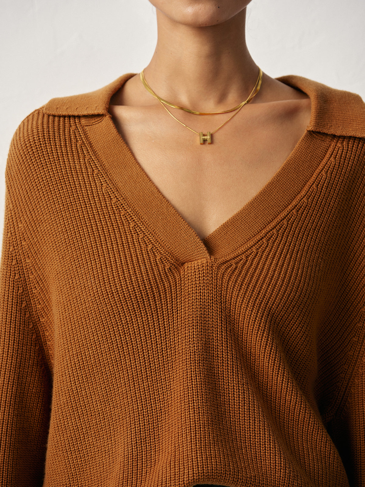 Wool Blend Polo Collar V-Neck Sweater Comfortable Lightweight Unisex Fit