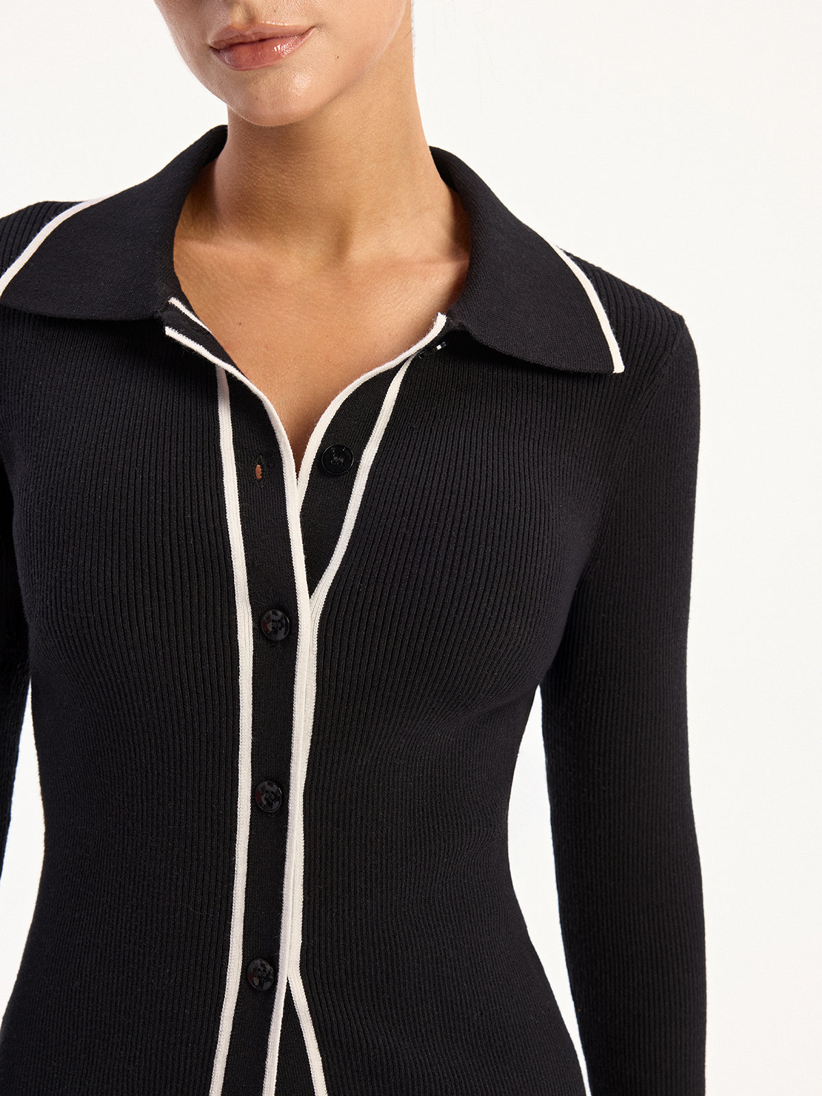 Contrast-Trim Polo Collar Knit Cardigan for Women with Button Front