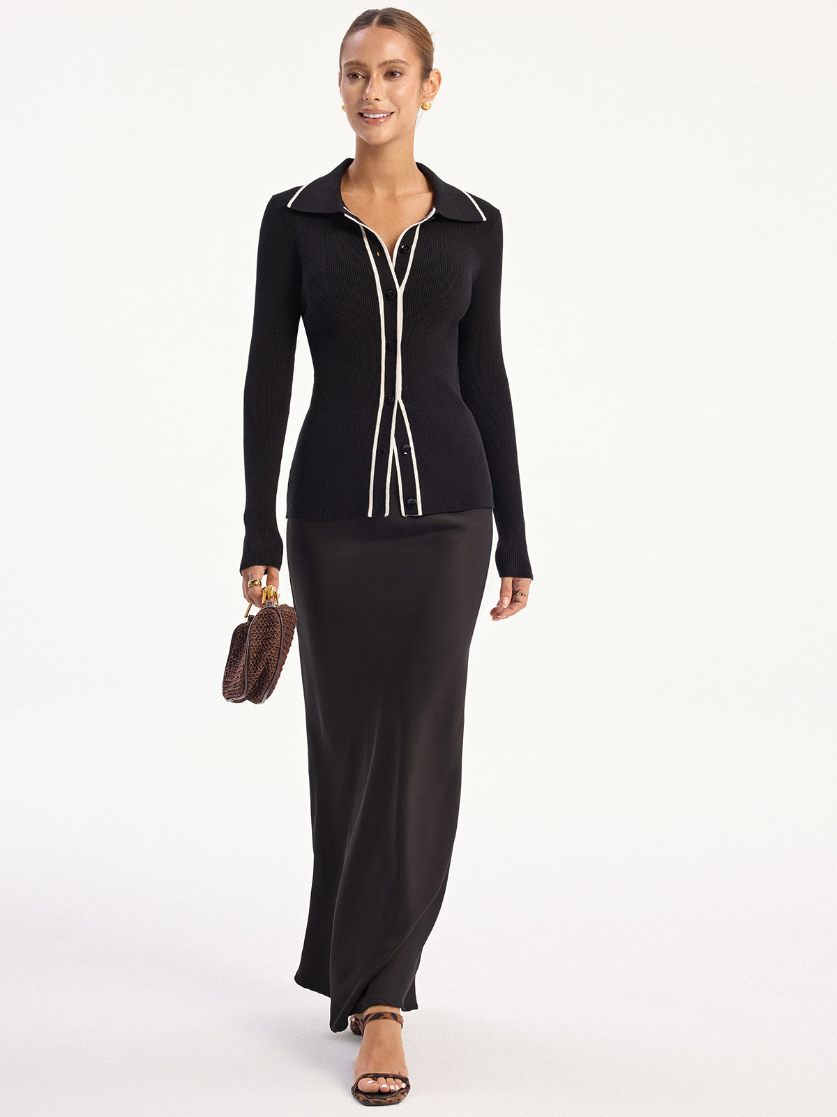 Contrast-Trim Polo Collar Knit Cardigan for Women with Button Front