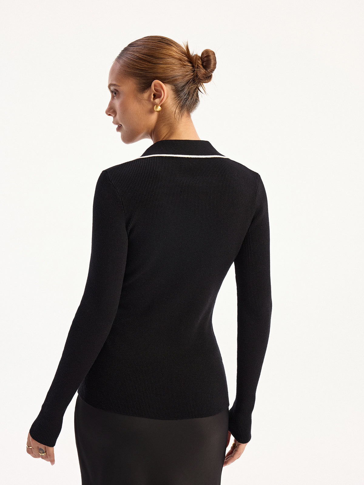 Contrast-Trim Polo Collar Knit Cardigan for Women with Button Front