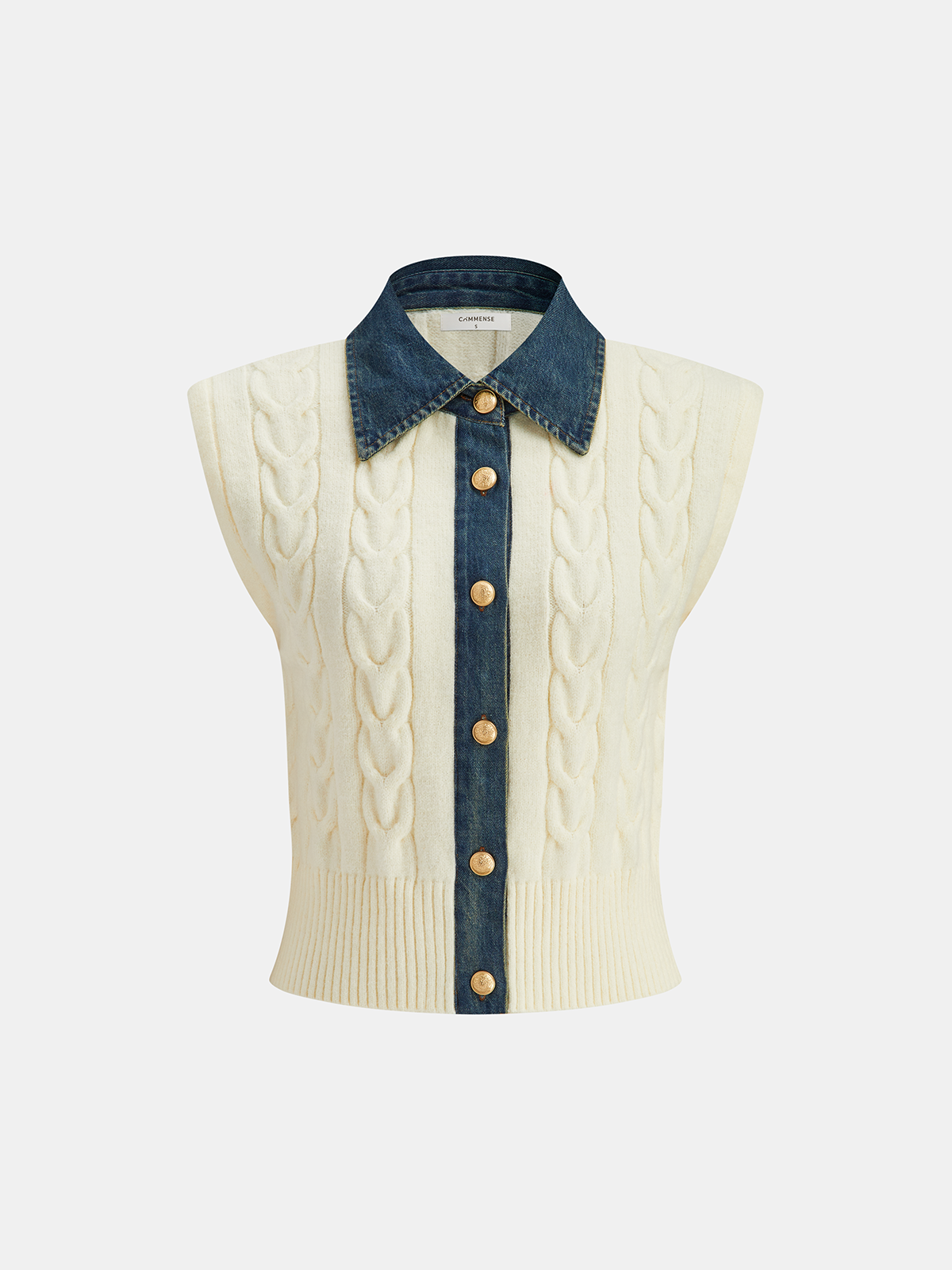 Denim Paneled Cable Knit Sleeveless Vest for Women Casual Layering