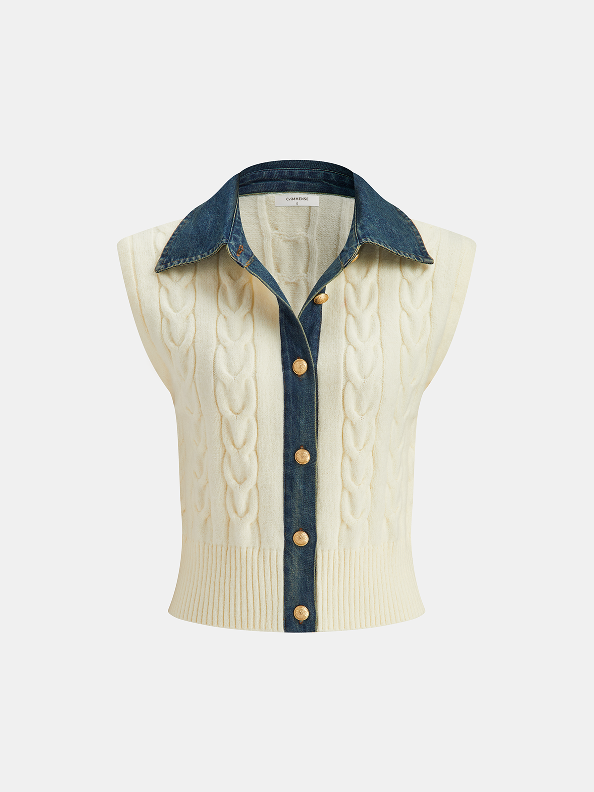 Denim Paneled Cable Knit Sleeveless Vest for Women Casual Layering