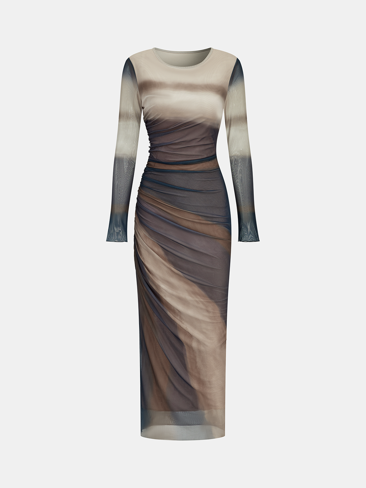 Ombre Long Sleeve Ruched Mesh Maxi Dress Elegant Evening Gown Party Wear