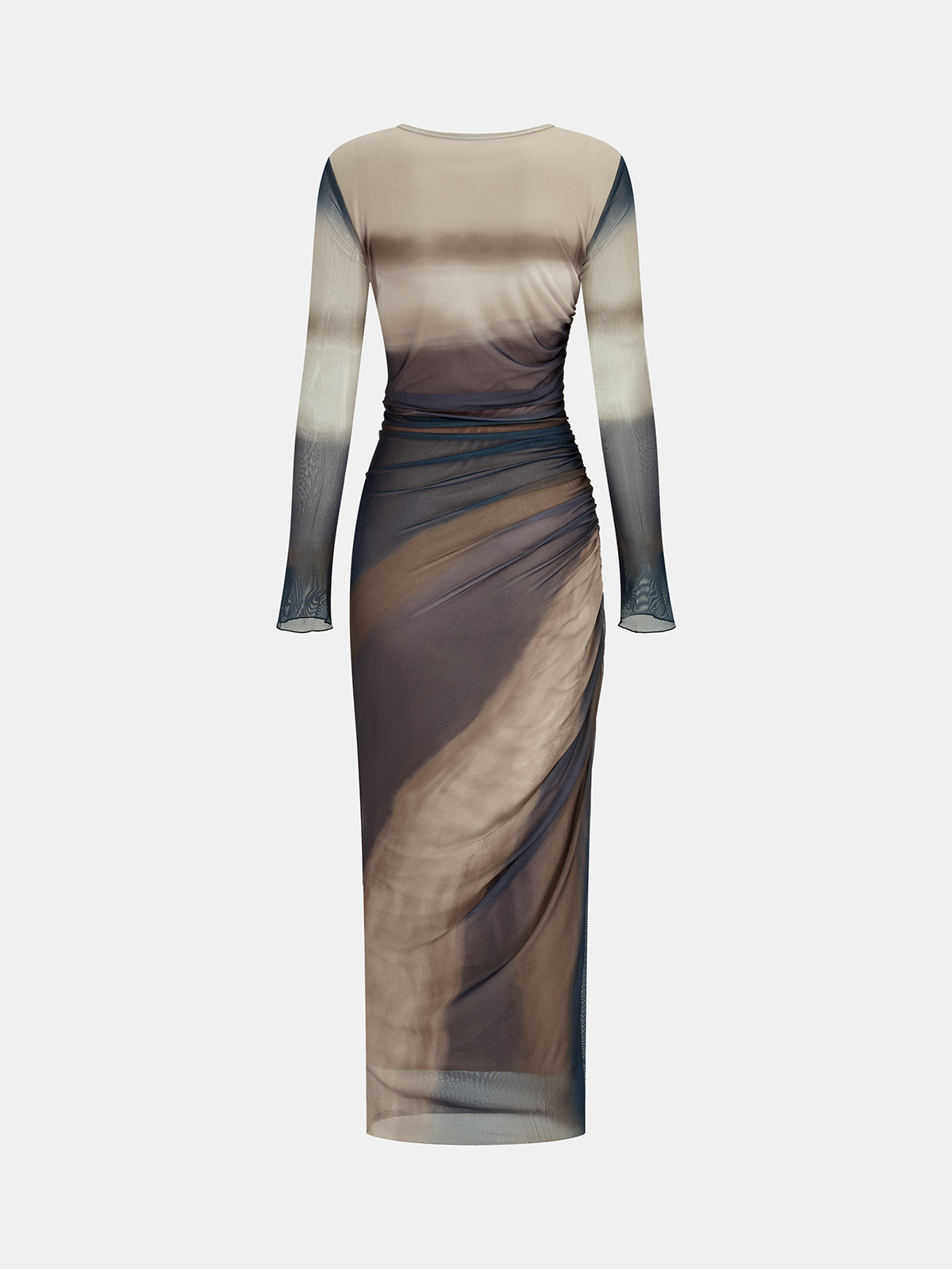 Ombre Long Sleeve Ruched Mesh Maxi Dress Elegant Evening Gown Party Wear