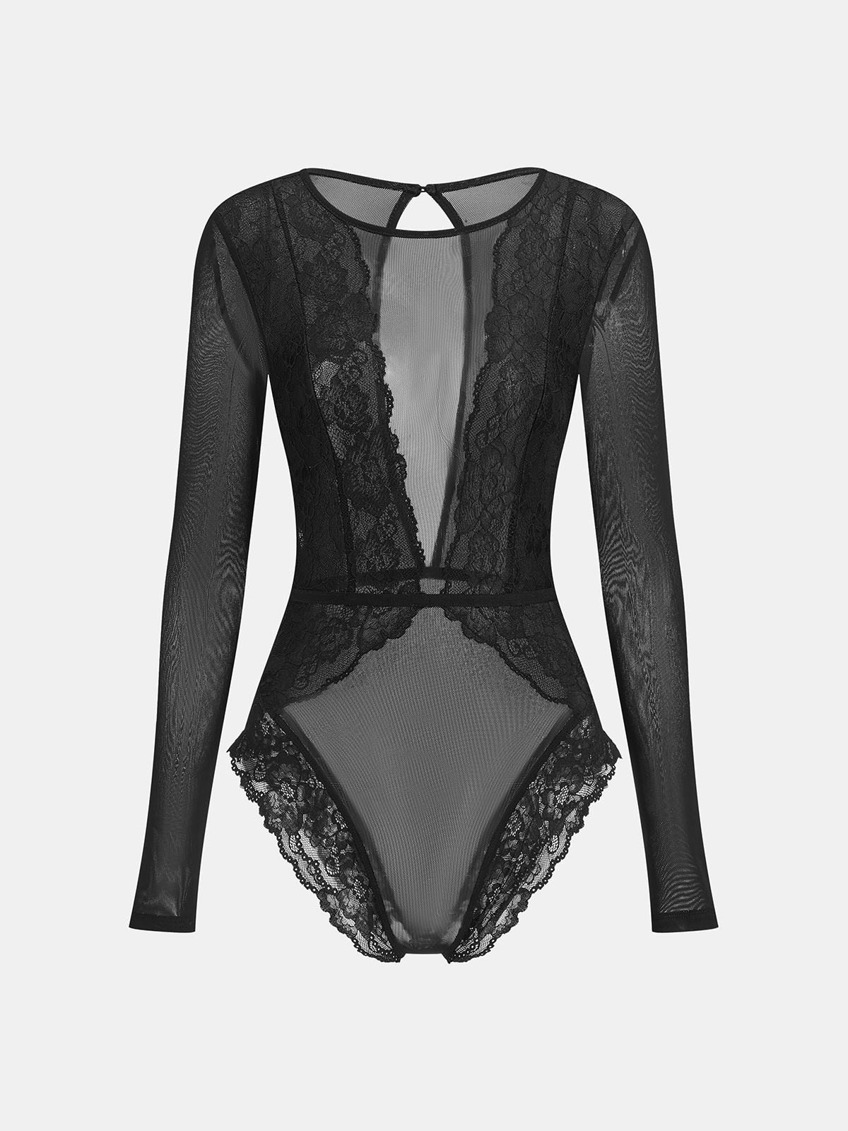 Long Sleeve Sheer Lace Mesh Bodysuit with Elegant High Neck Design